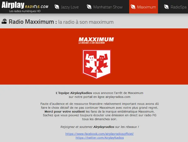 Fin de Maxximum dans le bouquet AirPlayRadios